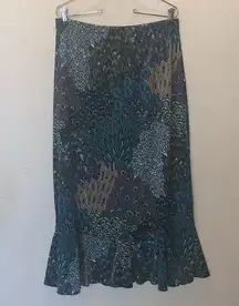 Miss Ashley Peacock Print Ruffle Bottom Stretchy Maxi Office Skirt