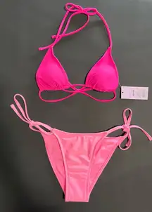 Two Tone Pink 2 Piece Swimsuit Bikini Triangle Halter Top Side Ties NWT Sz XXS