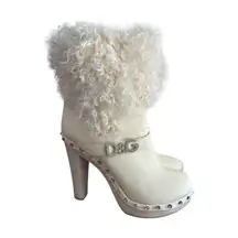Y2K D&G DOLCE & GABBANA LOGO RHINESTONE FUR LEATHER BOOTS US 6/36 MADE IN‎ ITALY