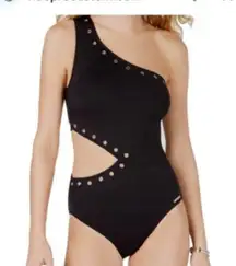 Michael Kors Side Cut Out One Shoulder Black Grommet Swimsuit Grunge Luxe 10