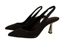 Betsey Johnson Black Rhinestone Slingback Kitten Heels with Silver Heels Size 6.5