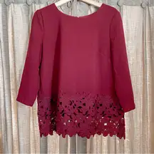 Lucy & Laurel Burgundy Floral Lace Trim Crop Sleeve Blouse Size Medium
