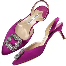 Manolo Blahnik  Hangisi D'Orsay Satin Magenta Bright Pink Slingback Heels Pumps