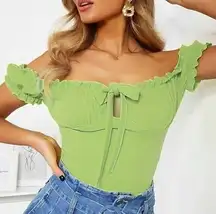 NEW Ruffled Off Shoulder Tie Key Hole Bodysuit Puff Sleeves Snap Crotch S Green