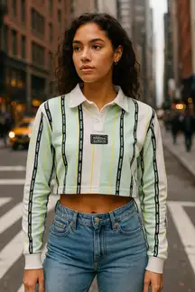 Adidas Originals Striped Cropped Rugby Polo Shirt Mint White Size S