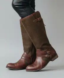 Caterpillar Brown Leather Knee-High Boots with Buckle Accent and Wool Shafts