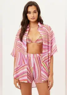 NWT Frankie’s Bikinis Fifi Button Down Short Sleeve Multi Colored Blouse Sz M