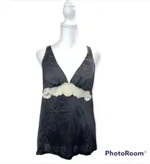 Vintage Vanity Fair Black Satin Lace Trim V Neck Halter Camisole Top Lingerie