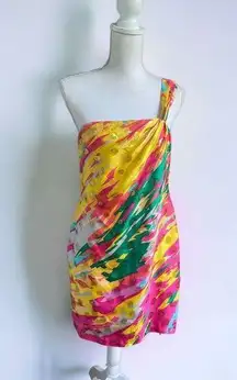 Yoanna Baraschi One Shoulder Multicolored Silk Dress Cocktail Party Vacation Siz