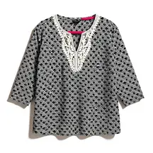 Talbots Women's Black White Geometric Crochet Lace Tunic Top XLP 3/4 Sleeve