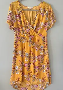 Skies Are Blue Mustard Yellow Floral Print Wrap Style Short‎ Sleeve Dress