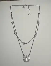 Signed Express Rhinestone Double Layered Strand Station Necklace Silver Tone