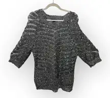 Lauren Michelle Silver Metallic Sequin Open-Knit Sweater Glam NYE Party Top XL