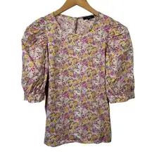 En Saison Top Women M Pink Floral Puff Sleeve 100% Cotton Spring Modest Cottage