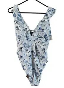 NWT A Pea In The Pod Maternity Blue Floral Ruffle One Piece Swimsuit Large