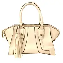 Steve Madden Cream Satchel Bag Handbag Tassel Accent Black Gold Details