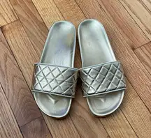 J Slides Leather Slides Metallic Quilt Plaid pattern Slip on Slippers Sandals Metal Shiny