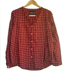 Calvin Klein Red Black Buffalo Plaid Long Sleeve V-Neck Lightweight Shirt Medium