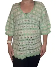 Mint Green Crochet Lace Knit Top V-Neck Scalloped Hem Boho Cottagecore Small-M