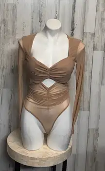 Nude Sheer Mesh Long Sleeve Ruched Cut Out Bodysuit – Sexy Stretchy One Piece To
