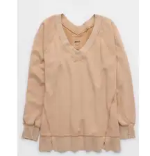 Aerie Women's Downtime Textured Oversized Big Hug V-Neck Sweatshirt Tan Brown XS
