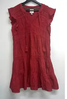 Knox Rose Womens Red Tiered Boho Dress Ruffle Flutter Sleeve Peasant Crochet S