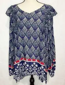 NWT Suzanne Betro Blue Floral Tunic Top Long Sleeve Ruffled Size 2X