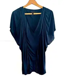 BCBG Maxazaria Navy Blue Silky Flutter Sleeve Rouched Top XS