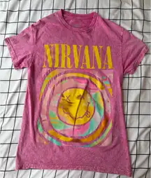 Pink And White Tie-Dyed Nirvana Graphic Tee Shirt, Size Small.