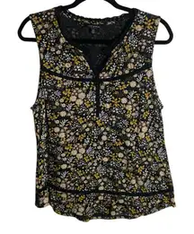 Lucky Brand Size Large Dark Ditzy Floral Tank Top Inlet Lace Black Boho Prairie
