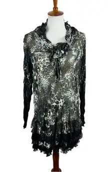 Puli Leopard Print Ruffle Tunic Dress L Sheer Boho Layered Hem Animal Print Top