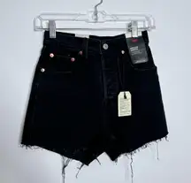 NWT Levi’s Ribcage Super High Rise Denim Shorts Frayed Hem Button Fly Black 24