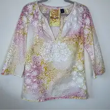 Split Neck/V-Neck Embroidered Multicolor Tunic/Blouse Size Medium