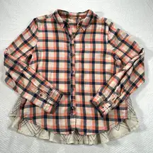 Anthropologie Holding Horses Women's 12 Blue Plaid Flannel Ruffle Embroider Top