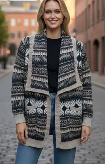 CYNTHIA ROWLEY Brown and Black FAIR ISLE Alpaca Blend Long Cardigan Size Large