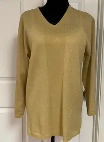 gold v-neck OS sweater. Size medium