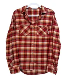 Stio Willow Flannel Shirt Red Orange Plaid Button Top Double Brushed Cotton Sz L