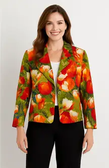 Vintage Chico's Garden Party Jacket Womens 2 Large Multicolor Cotton Tulip Print