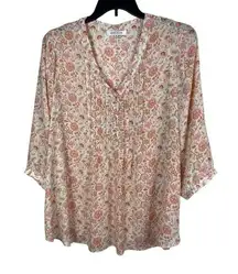 Rose & Olive Orange Floral Pintuck Pleat Tunic Sheer Flowy 3/4 Sleeve Top 2x