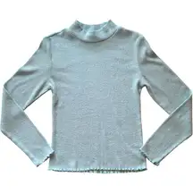 Light Blue Ribbed Knit Lettuce Trim Mock Neck Sweater Top Women’s Large Jumper