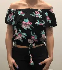 No Comment Medium Black Floral Off the Shoulder Shirt Ties In Front