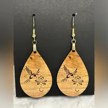 Hummingbird Burnt Wood Look Teardrop Pierced Earrings New