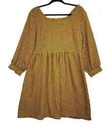 Yellow And Black Houndstooth Dress Square Neck Measures 1X Long Sleeve Babydoll