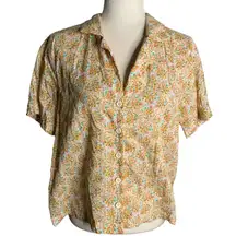Ana Button Up Short Sleeve Shirt M White Orange Floral Cotton Collared Retro