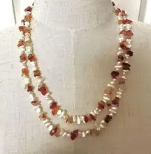 Freshwater pearl and carnelian chip long necklace