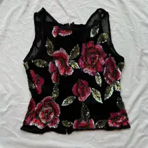 Black and red floral rose sequin beaded bead sheer lace tank top