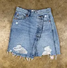 Free People Parker Wrap Mini Skirt Women’s 25 Blue‎ Distressed Denim Raw Hem