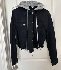 Black Label Black Denim Jacket with Gray Hood