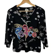 Chicos Graphic Peace Love Happiness Angel Print Top Size 1 Medium Stretch Artsy