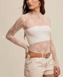 White Lace Sheer Long Sleeve Boatneck Top Sz M NWT